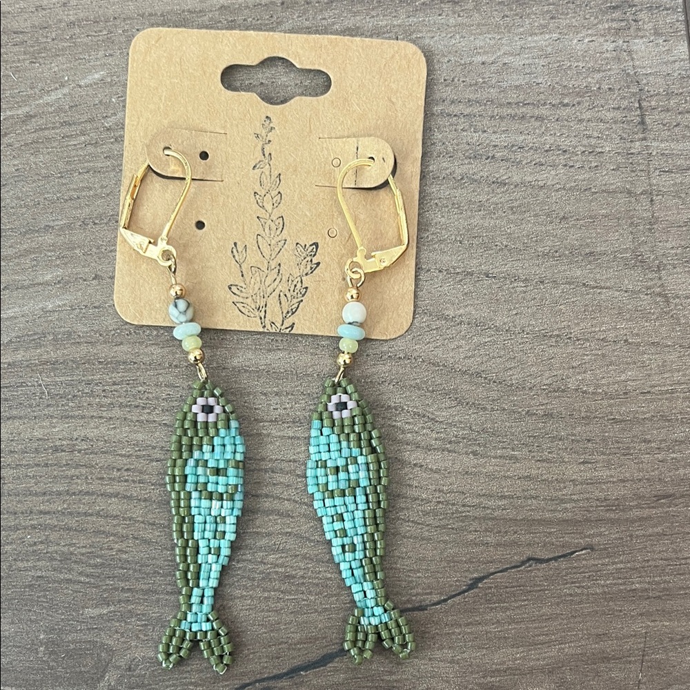 Handcrafted Green and Blue Fish Earrings